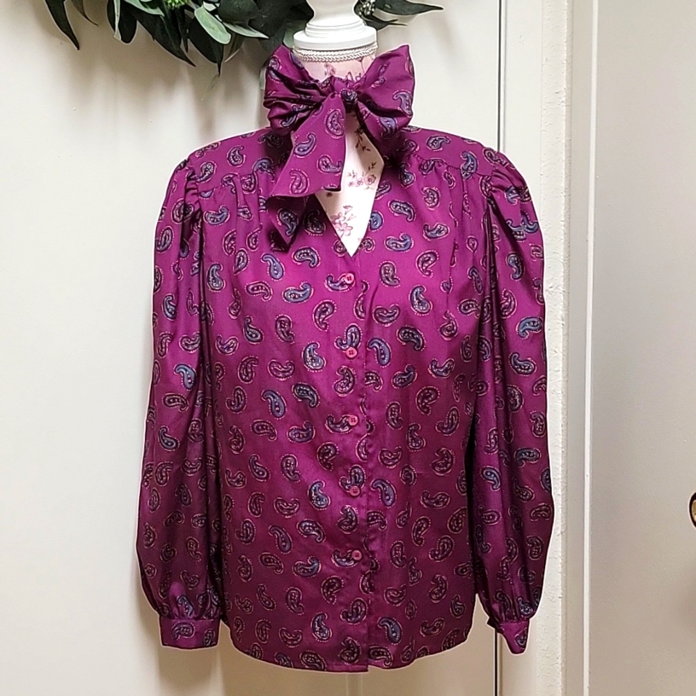 VTG | High Neck Paisley Floppy Print Bow Tie Blouse